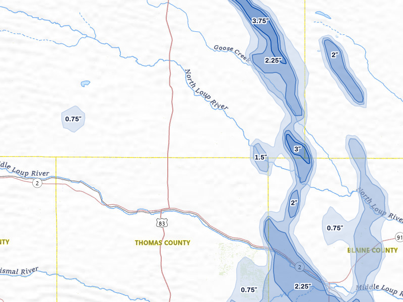 NEXRAD radar-signature map of the hail storm over Thedford, NE on Aug 20, 2026