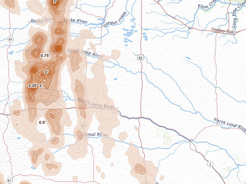 Radar-estimated hail-size map of the storm over Thedford, NE on Aug 27, 2026