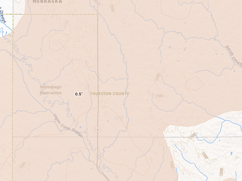 Radar-estimated hail-size map of the storm over Thurston, NE on May 17, 2026