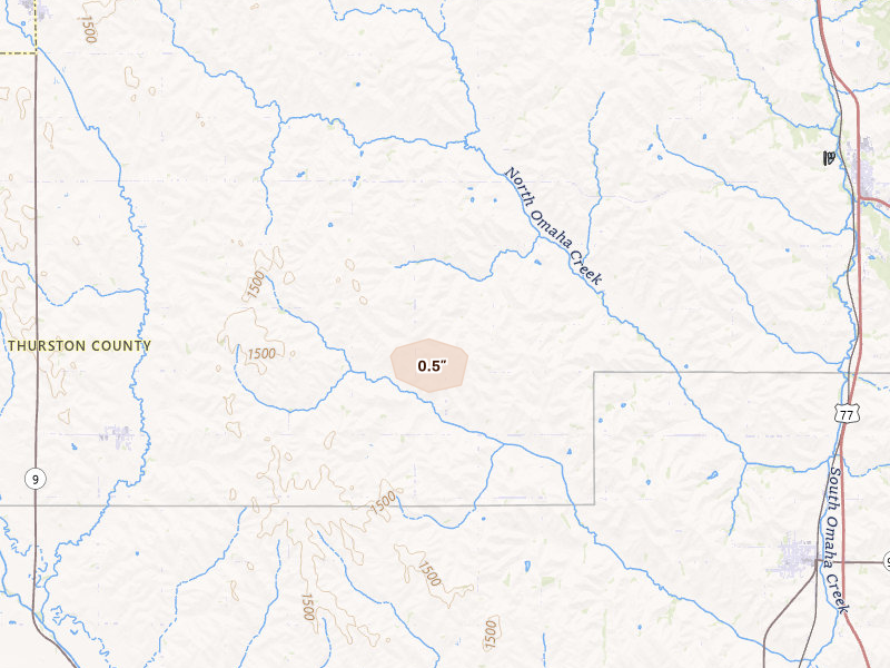 Radar-estimated hail-size map of the storm over Thurston, NE on Aug 8, 2026