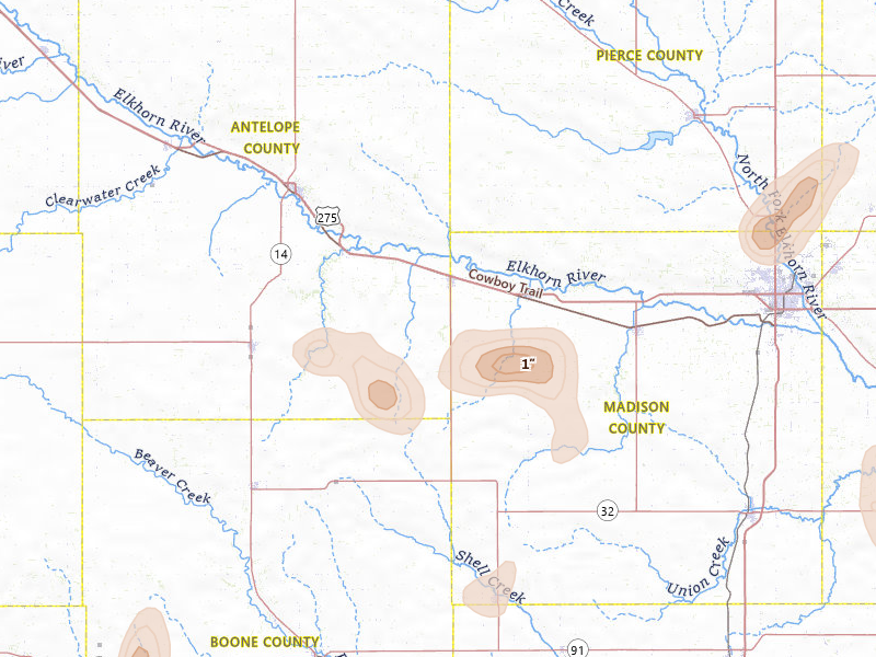 Radar-estimated hail-size map of the storm over Tilden, NE on May 16, 2026