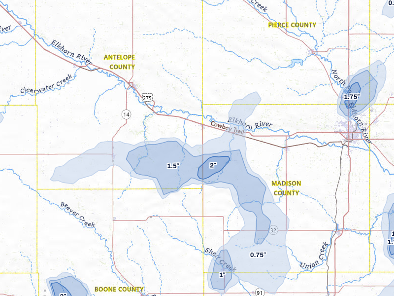 NEXRAD radar-signature map of the hail storm over Tilden, NE on May 16, 2026