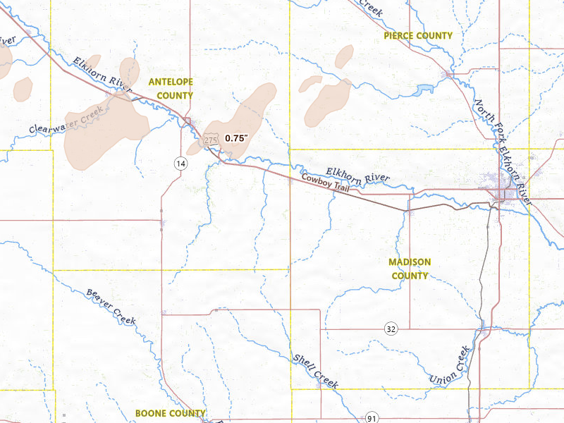 Radar-estimated hail-size map of the storm over Tilden, NE on May 25, 2026