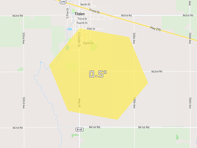 Hail map of Tilden, NE on Jun 5, 2026, hail up to 0.5"