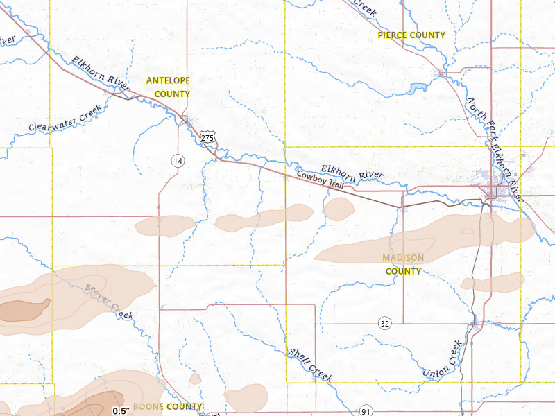 Radar-estimated hail-size map of the storm over Tilden, NE on Jun 12, 2026