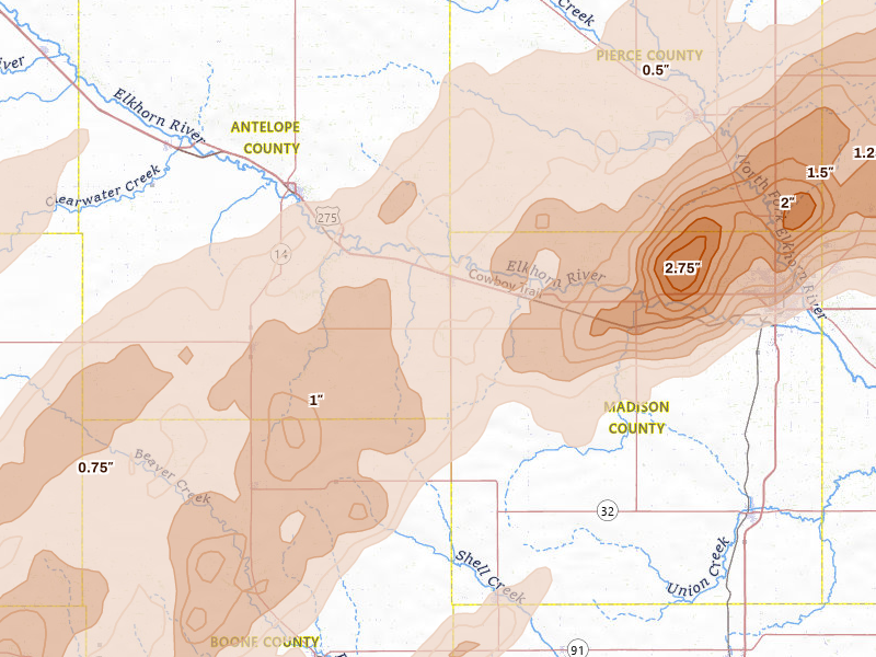 Radar-estimated hail-size map of the storm over Tilden, NE on Jun 29, 2026