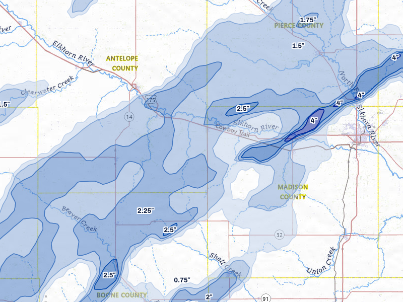 NEXRAD radar-signature map of the hail over Tilden, NE