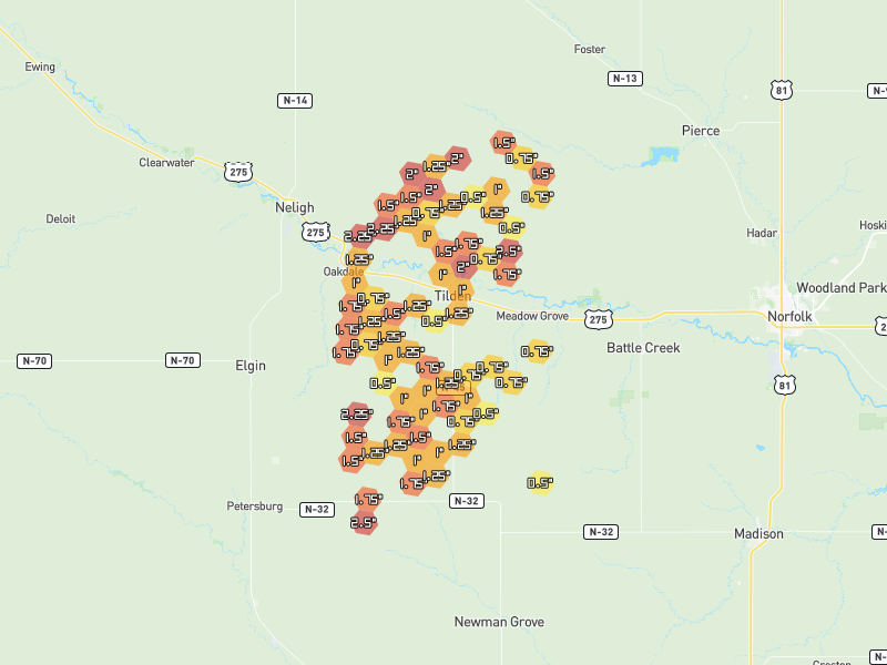 Hail map of Tilden, NE on Jun 30, 2026, hail up to 2.5"