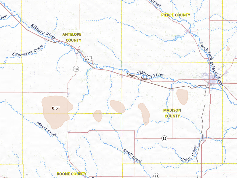 Radar-estimated hail-size map of the storm over Tilden, NE on Jul 30, 2026