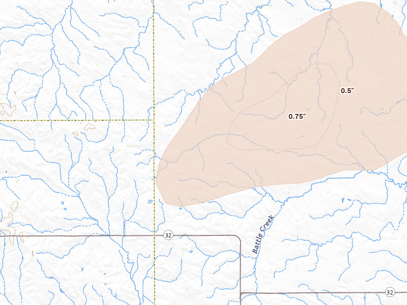 Radar-estimated hail-size map of the storm over Tilden, NE on Aug 12, 2026