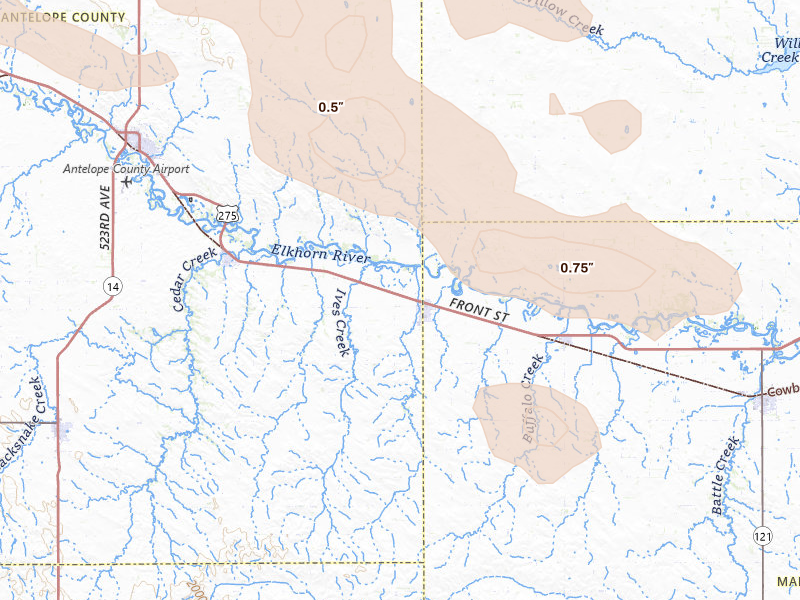 Radar-estimated hail-size map of the storm over Tilden, NE on Aug 23, 2026
