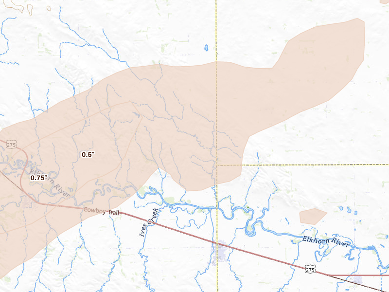 Radar-estimated hail-size map of the storm over Tilden, NE on Sep 1, 2026
