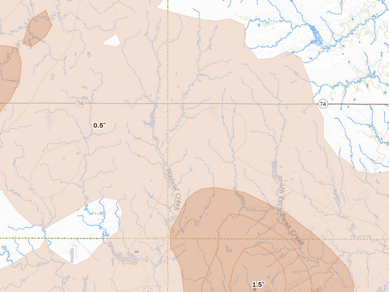 Radar-estimated hail-size map of the storm over Tobias, NE on Apr 25, 2026