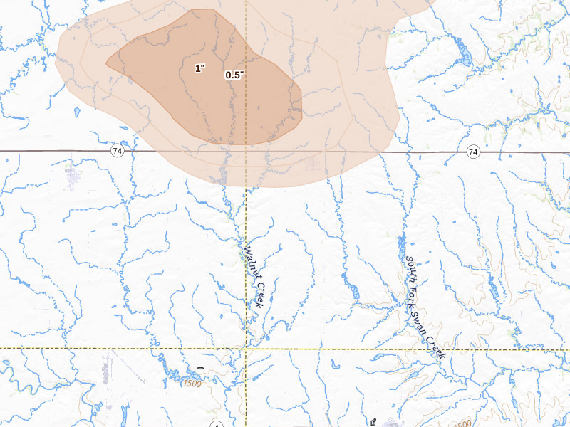 Radar-estimated hail-size map of the storm over Tobias, NE on May 15, 2026