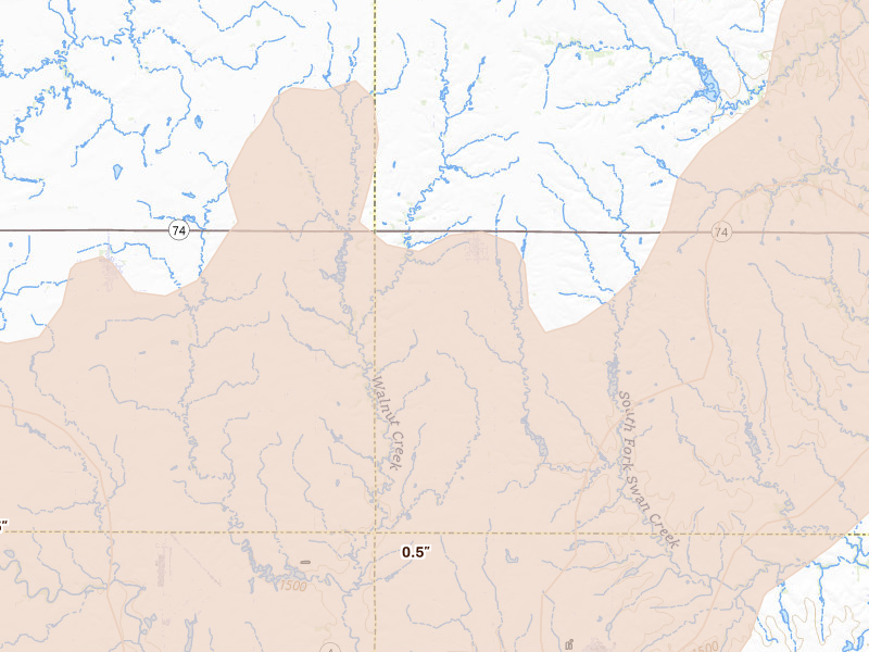 Radar-estimated hail-size map of the storm over Tobias, NE on May 17, 2026