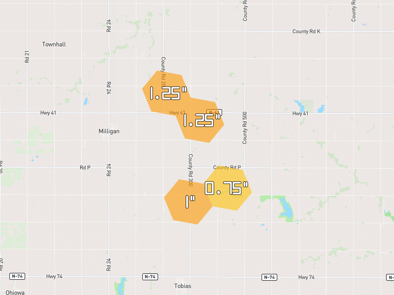 Hail map of Tobias, NE on Jun 2, 2026, hail up to 1.25"