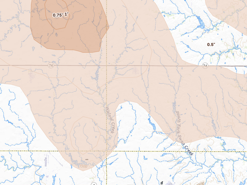 Radar-estimated hail-size map of the storm over Tobias, NE on Jun 5, 2026