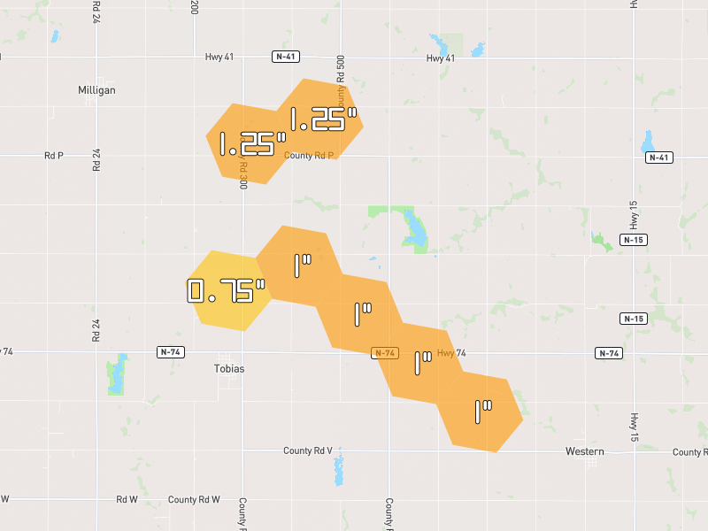 Hail map of Tobias, NE on Jun 6, 2026, hail up to 1.25"