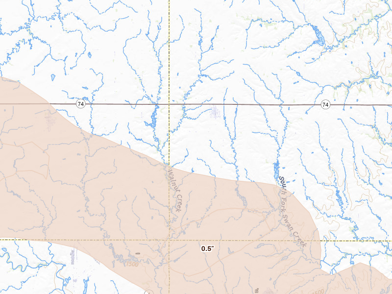 Radar-estimated hail-size map of the storm over Tobias, NE on Jun 20, 2026