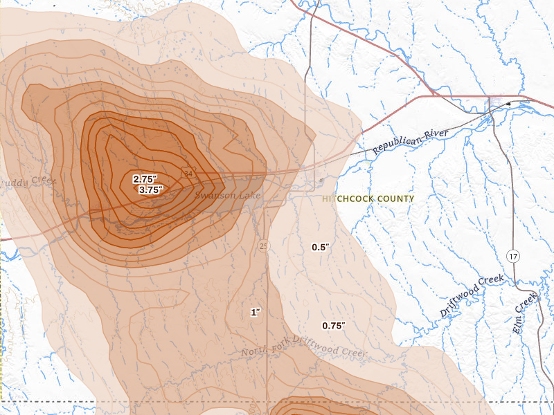 Radar-estimated hail-size map of the storm over Trenton, NE on Jun 20, 2026