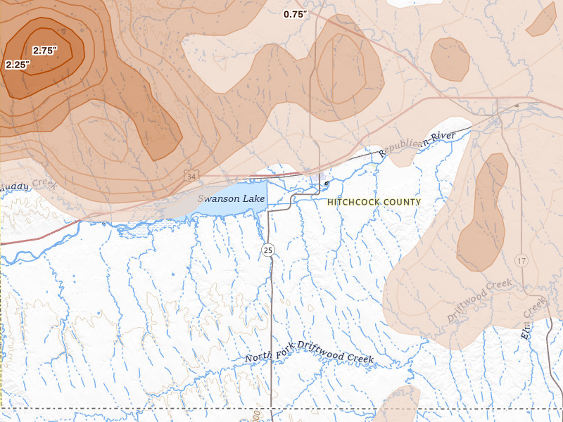 Radar-estimated hail-size map of the storm over Trenton, NE on Jul 2, 2026