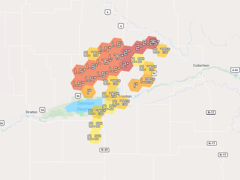 Hail map of Trenton, NE on Jul 3, 2026, hail up to 2.25"