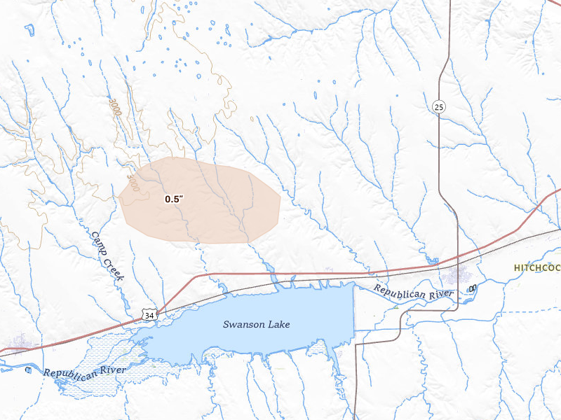 Radar-estimated hail-size map of the storm over Trenton, NE on Aug 25, 2026