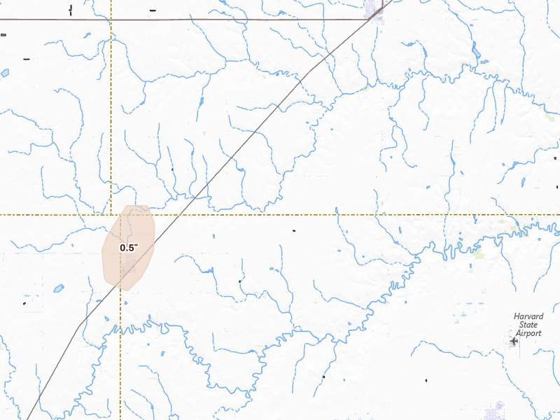 Radar-estimated hail-size map of the storm over Trumbull, NE on Jun 3, 2026