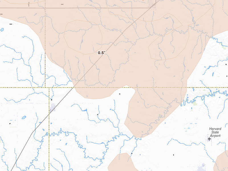 Radar-estimated hail-size map of the storm over Trumbull, NE on Jun 5, 2026