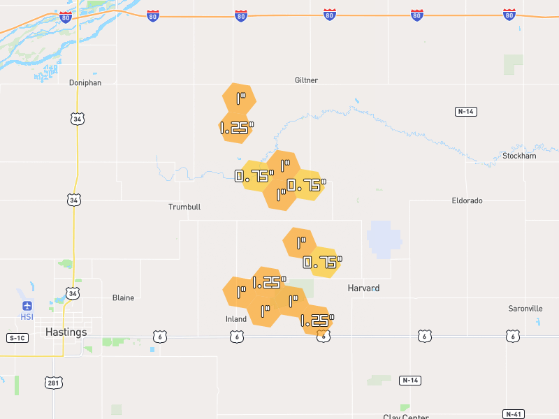 Hail map of Trumbull, NE on Jun 6, 2026, hail up to 1.25"