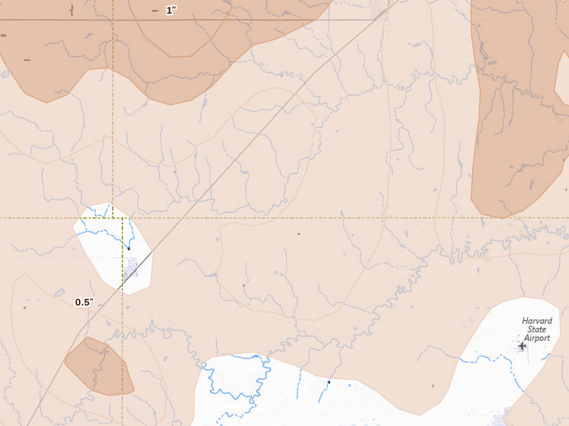 Radar-estimated hail-size map of the storm over Trumbull, NE on Jun 10, 2026