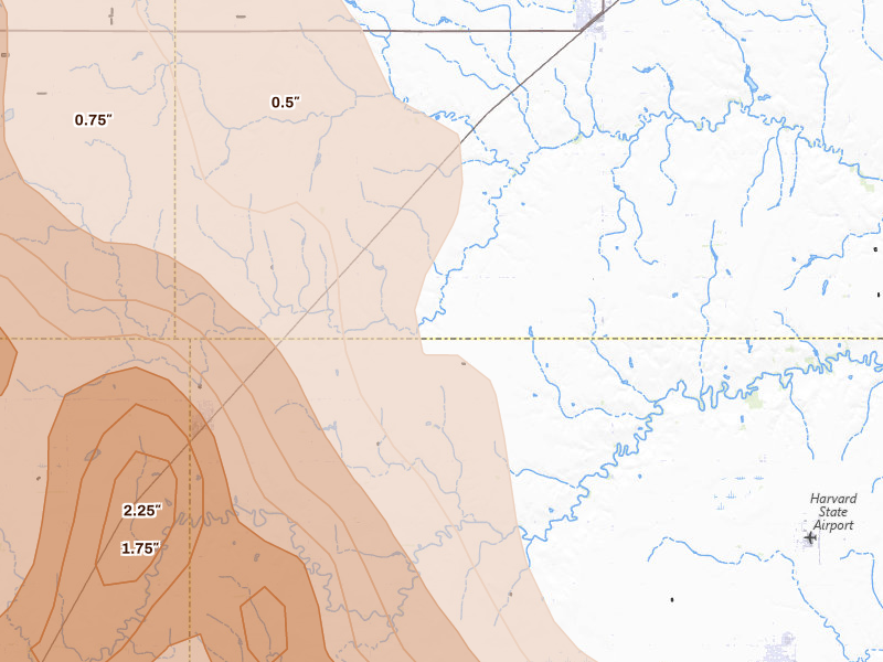 Radar-estimated hail-size map of the storm over Trumbull, NE on Jun 20, 2026
