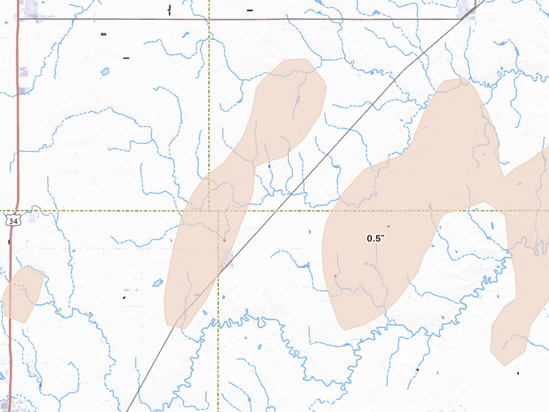 Radar-estimated hail-size map of the storm over Trumbull, NE on Aug 17, 2026