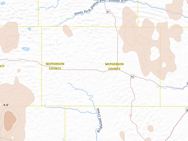 Radar-estimated hail-size map of the storm over Tryon, NE on May 30, 2026