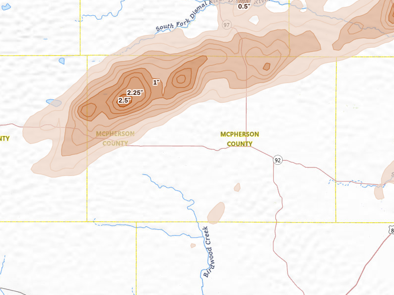 Radar-estimated hail-size map of the storm over Tryon, NE on Jun 9, 2026
