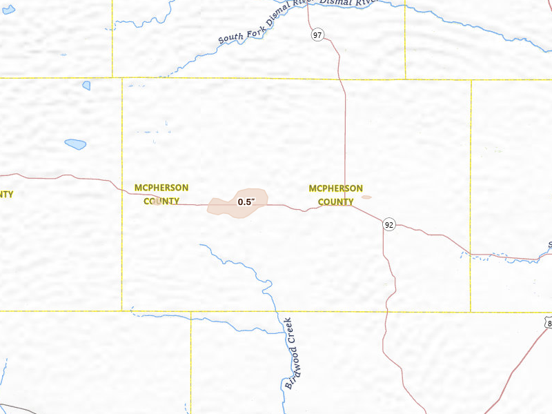Radar-estimated hail-size map of the storm over Tryon, NE on Jun 20, 2026