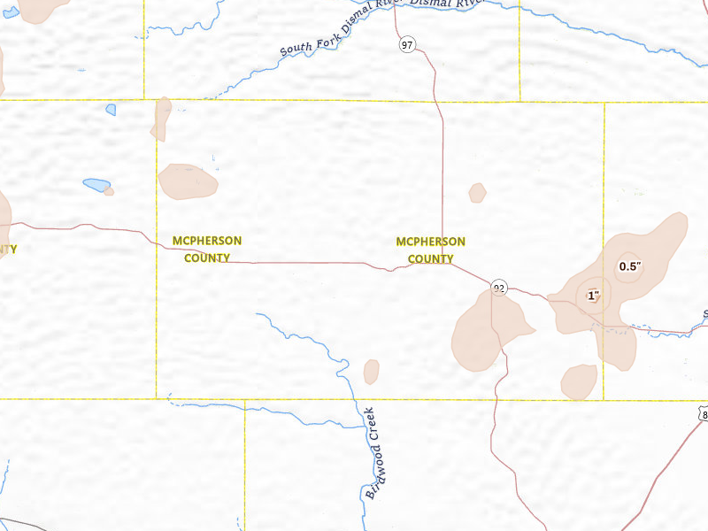 Radar-estimated hail-size map of the storm over Tryon, NE on Jun 30, 2026