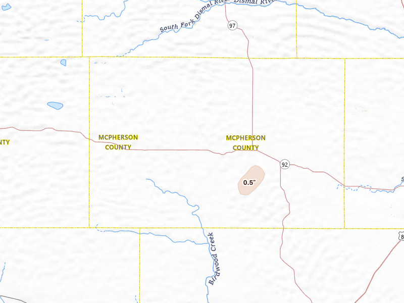 Radar-estimated hail-size map of the storm over Tryon, NE on Jul 1, 2026