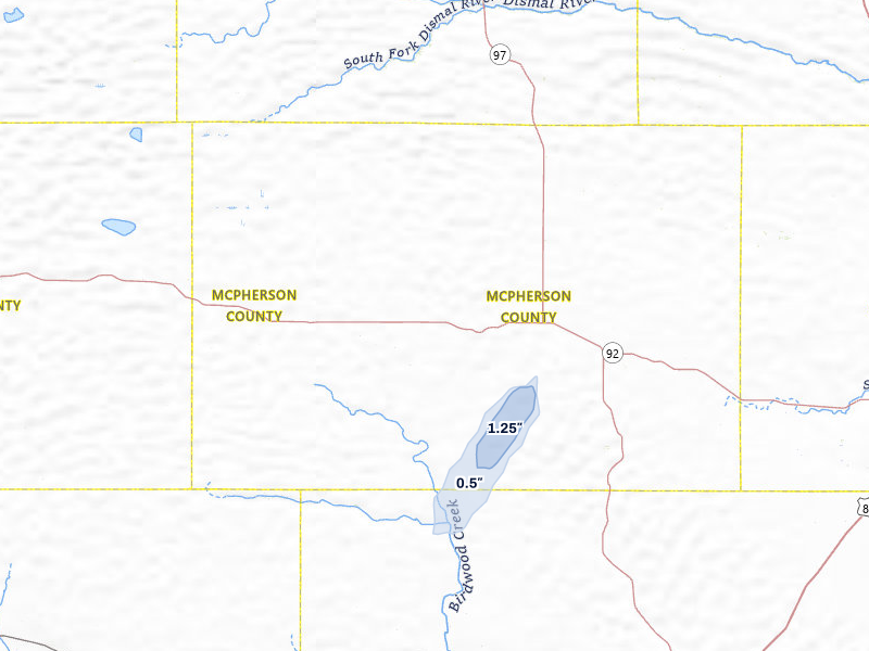 NEXRAD radar-signature map of the hail storm over Tryon, NE on Jul 1, 2026