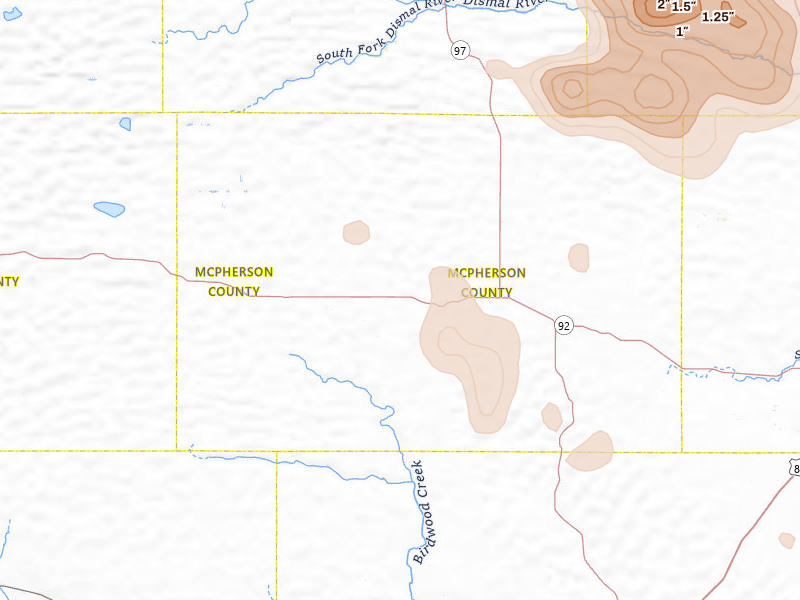 Radar-estimated hail-size map of the storm over Tryon, NE on Jul 27, 2026