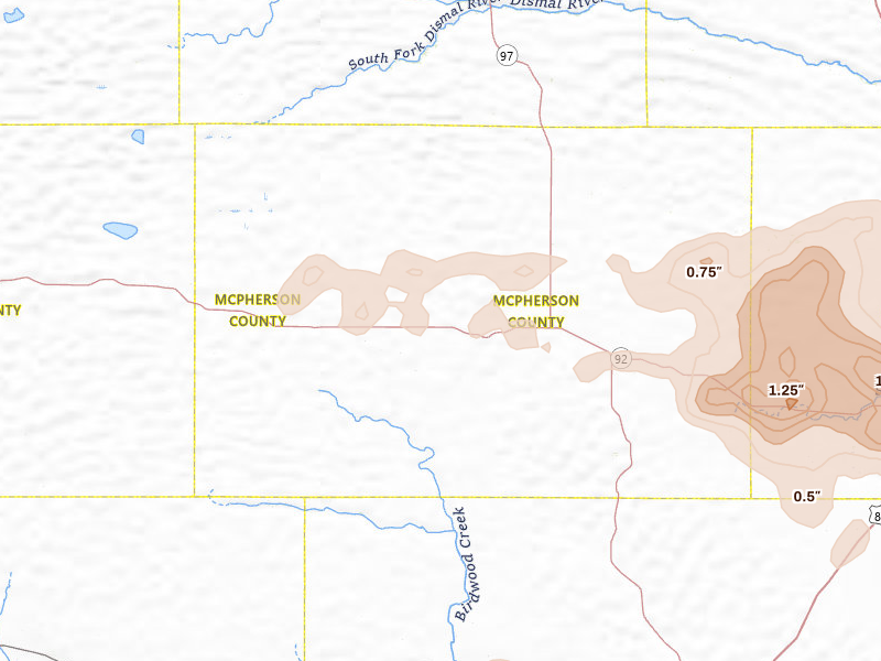 Radar-estimated hail-size map of the storm over Tryon, NE on Jul 30, 2026