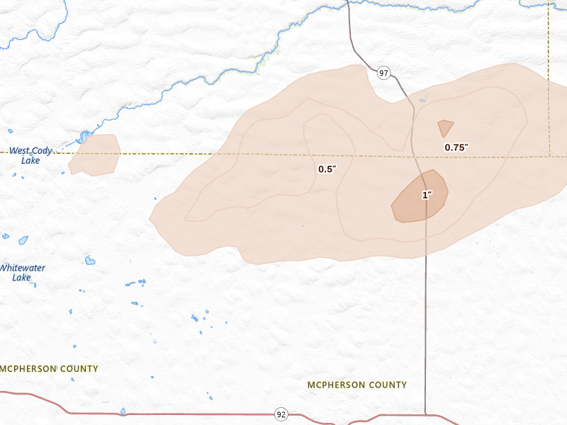 Radar-estimated hail-size map of the storm over Tryon, NE on Aug 12, 2026