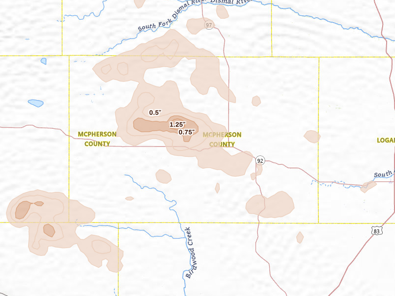 Radar-estimated hail-size map of the storm over Tryon, NE on Aug 24, 2026