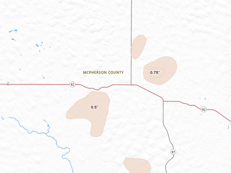 Radar-estimated hail-size map of the storm over Tryon, NE on Aug 25, 2026