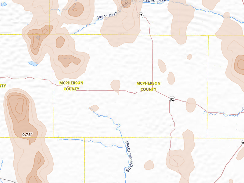 Radar-estimated hail-size map of the storm over Tryon, NE on Aug 27, 2026