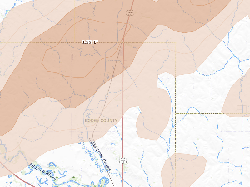 Radar-estimated hail-size map of the storm over Uehling, NE on Apr 23, 2026
