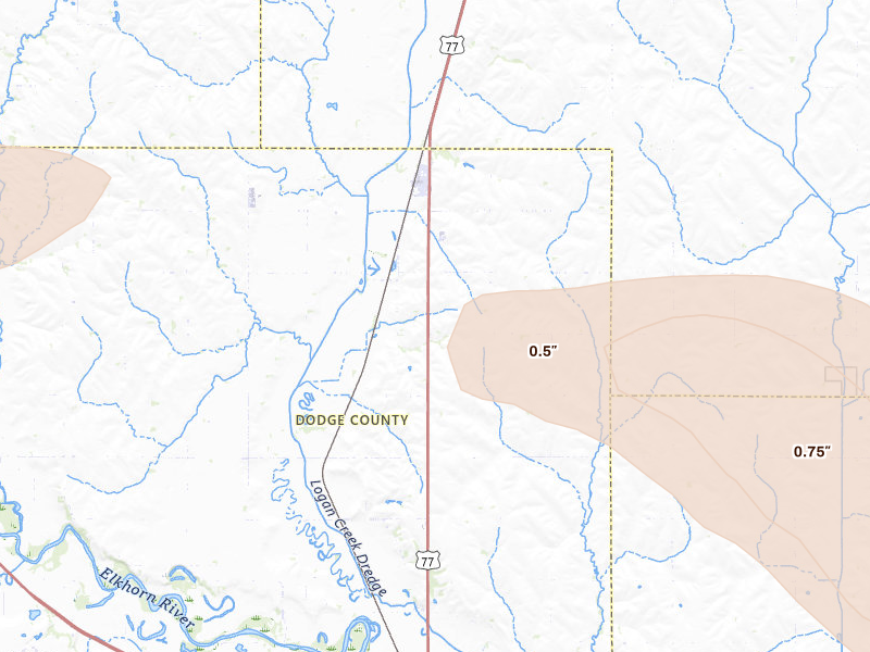 Radar-estimated hail-size map of the storm over Uehling, NE on May 31, 2026