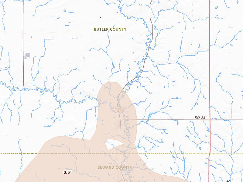 Radar-estimated hail-size map of the storm over Ulysses, NE on Apr 25, 2026