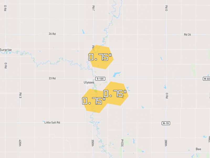 Hail map of Ulysses, NE on Jul 2, 2026, hail up to 0.75"