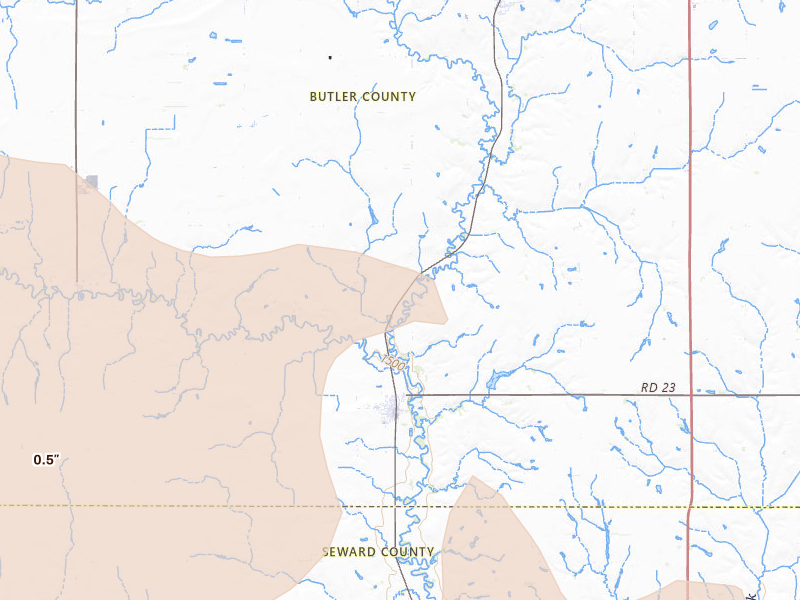 Radar-estimated hail-size map of the storm over Ulysses, NE on Aug 17, 2026